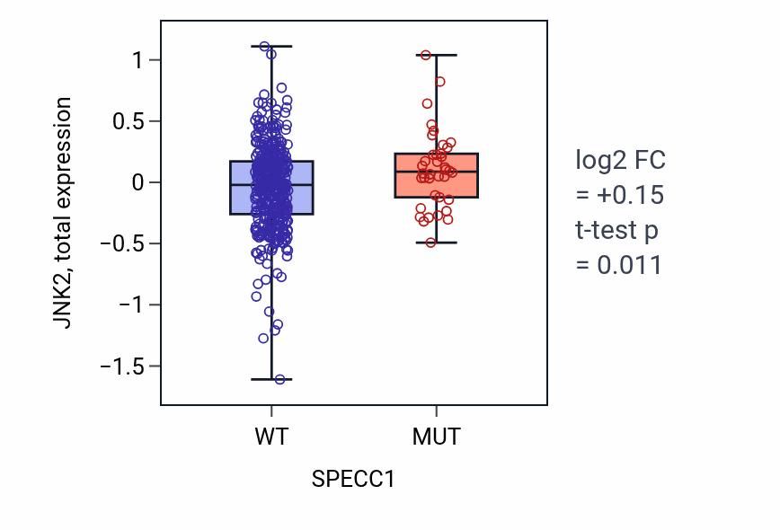 Box plot of JNK2 in SPECC1-low vs SPECC1-high samples in UCEC.