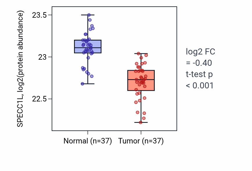 Tumor-vs-normal mass-spec protein box plot for SPECC1L in LUAD.