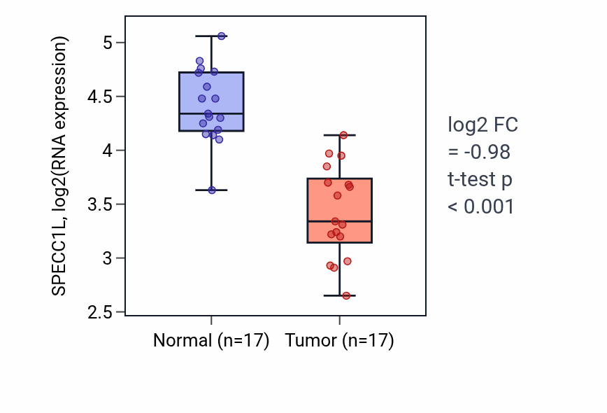 Tumor-vs-normal expression box plot for SPECC1L RNA in COAD.