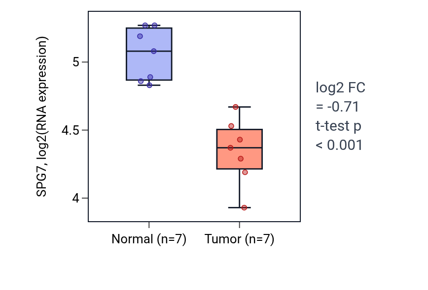 Tumor-vs-normal expression box plot for SPG7 in THCA.