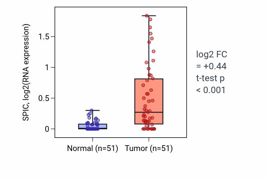 Tumor-vs-normal expression box plot for SPIC in KIRC.