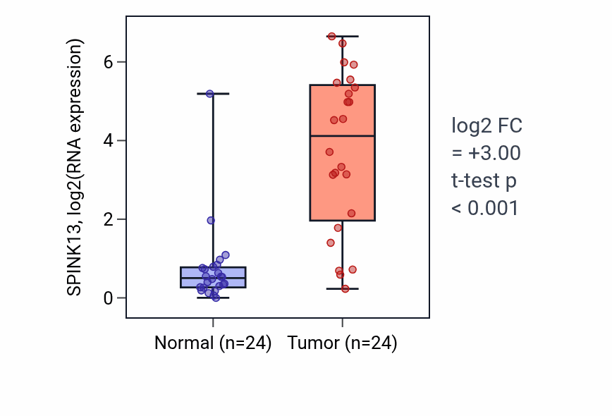Tumor-vs-normal expression box plot for SPINK13 in KIRC.