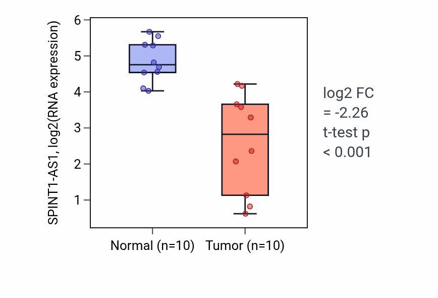 Tumor-vs-normal expression box plot for SPINT1-AS1 RNA in KIRP.