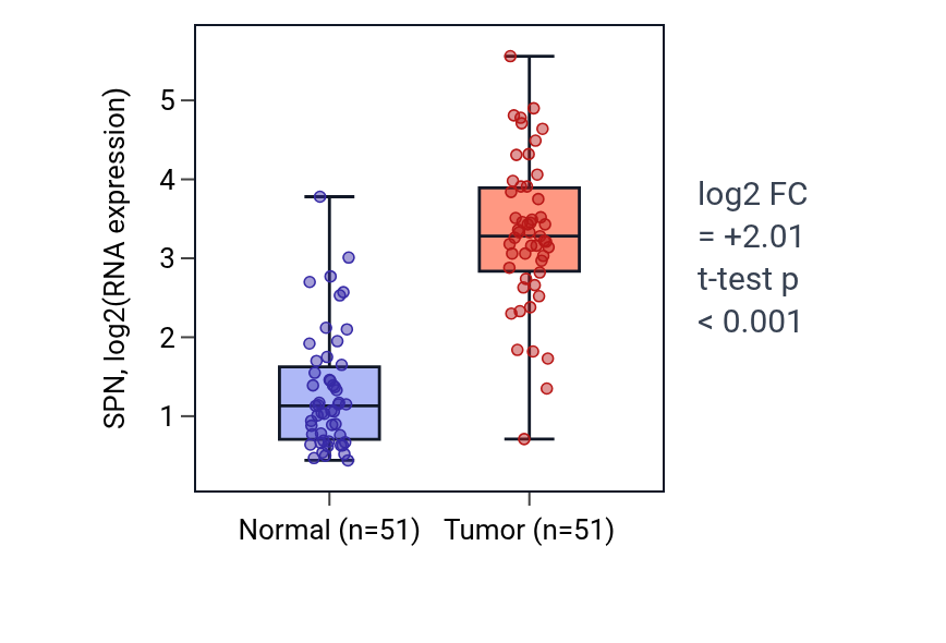 Tumor-vs-normal expression box plot for SPN in KIRC.