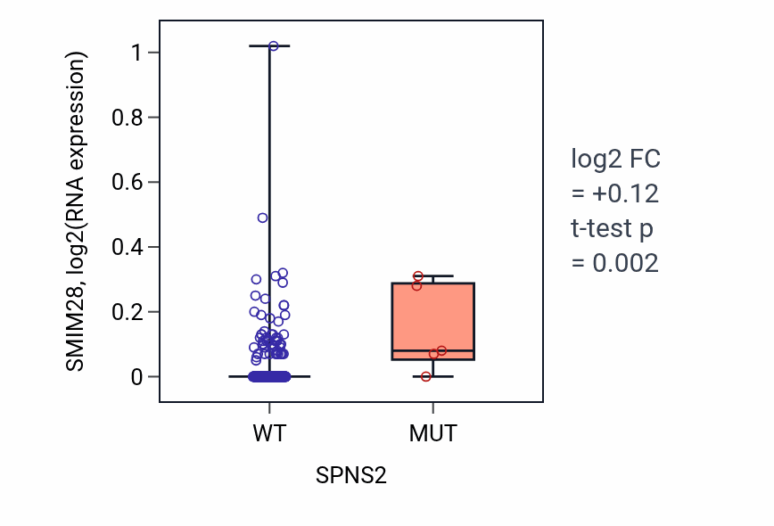 Box plot of SMIM28 in SPNS2-low vs SPNS2-high samples in CESC.