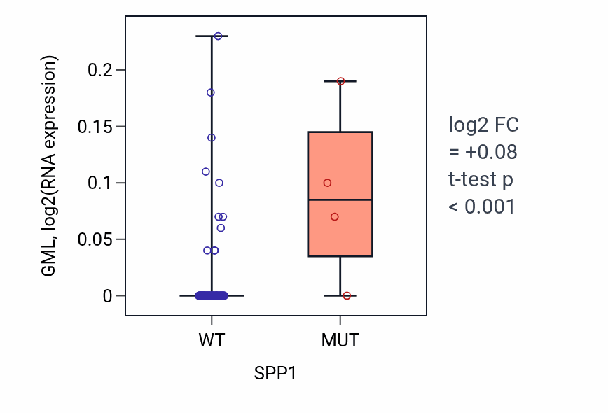 Box plot of GML in SPP1-low vs SPP1-high samples in BLOOD_Leukemia.