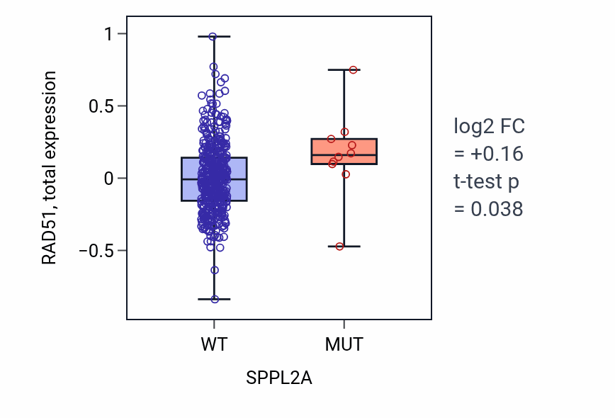 Box plot of RAD51 in SPPL2A-low vs SPPL2A-high samples in UCEC.