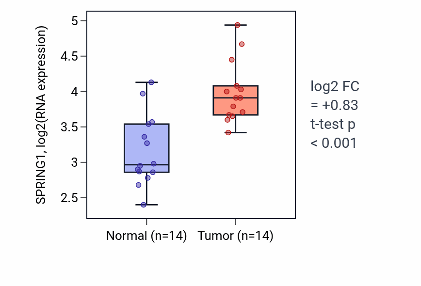 Tumor-vs-normal expression box plot for SPRING1 RNA in BLCA.
