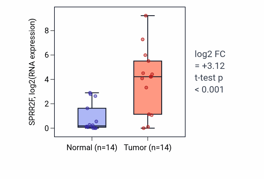 Tumor-vs-normal expression box plot for SPRR2F in LUSC.