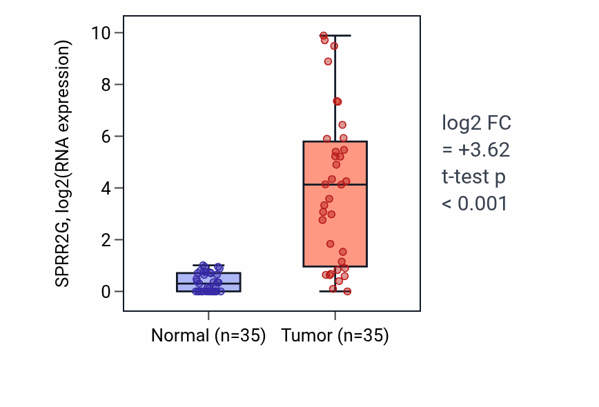 Tumor-vs-normal expression box plot for SPRR2G RNA in LUSC.
