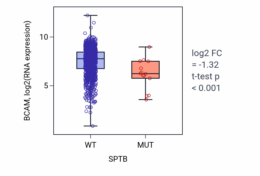 Box plot of BCAM in SPTB-low vs SPTB-high samples in BRCA.