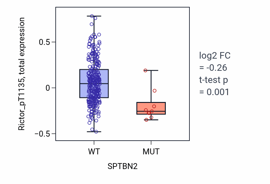 Box plot of Rictor_pT1135 in SPTBN2-low vs SPTBN2-high samples in STAD.