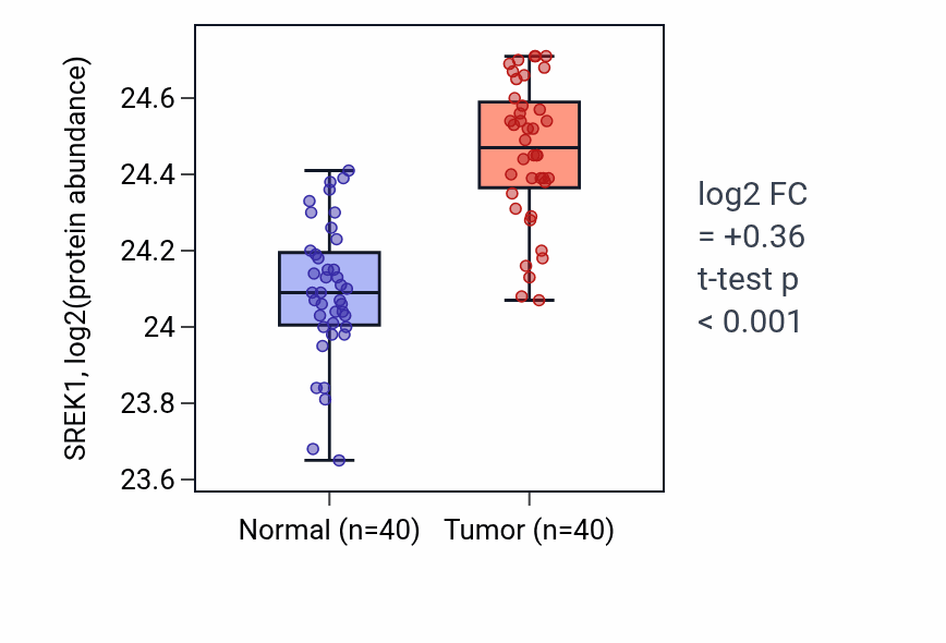 Tumor-vs-normal mass-spec protein box plot for SREK1 in COAD.