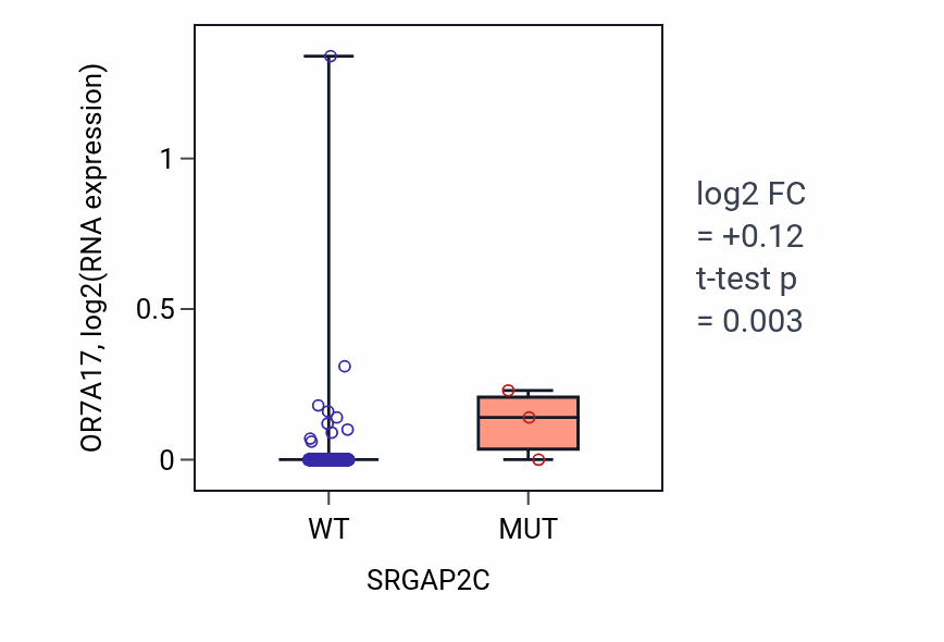 Box plot of OR7A17 in SRGAP2C-low vs SRGAP2C-high samples in COAD.
