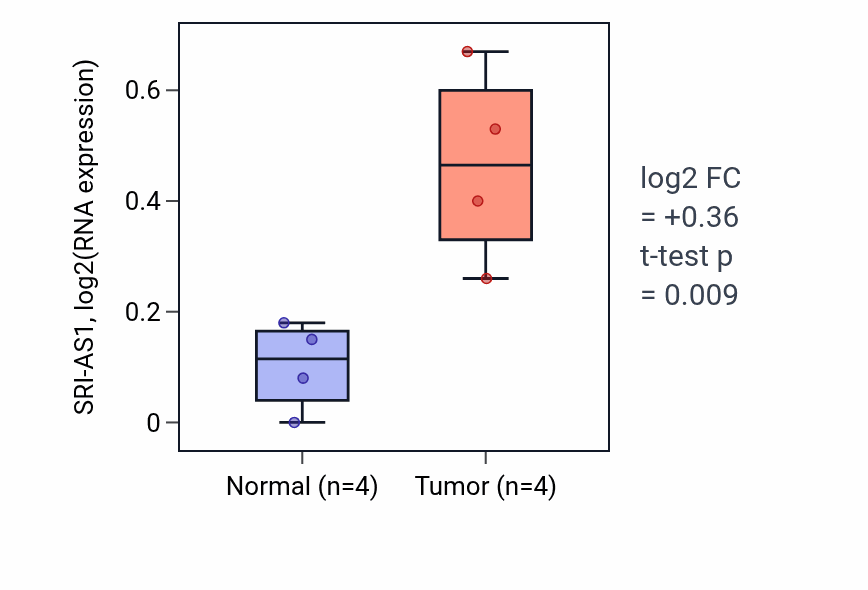 Tumor-vs-normal expression box plot for SRI-AS1 in KIRP.