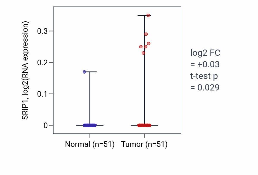 Tumor-vs-normal expression box plot for SRIP1 in KIRC.