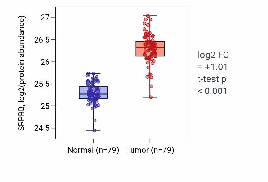 Tumor-vs-normal mass-spec protein box plot for SRPRB in LSCC.