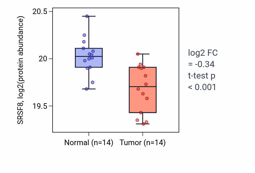 Tumor-vs-normal mass-spec protein box plot for SRSF8 in CCRCC.