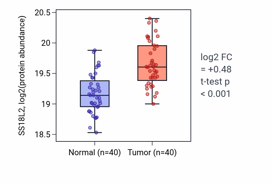 Tumor-vs-normal mass-spec protein box plot for SS18L2 in LSCC.