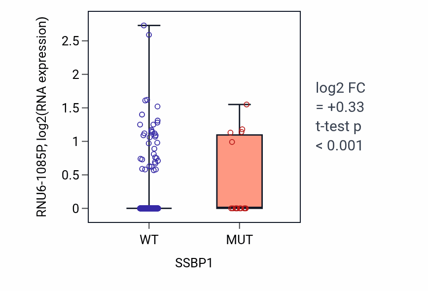 Box plot of RNU6-1085P in SSBP1-low vs SSBP1-high samples in UCEC.