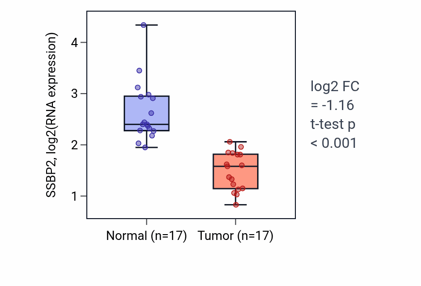 Tumor-vs-normal expression box plot for SSBP2 RNA in COAD.