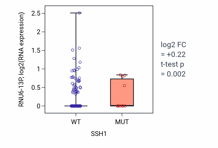 Box plot of RNU6-13P in SSH1-low vs SSH1-high samples in LUAD.