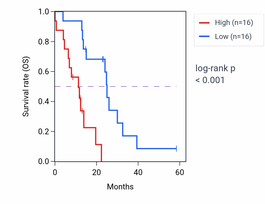 Kaplan&ndash;Meier survival curve for SSH2 mass-spec protein-high vs -low samples in PDAC.