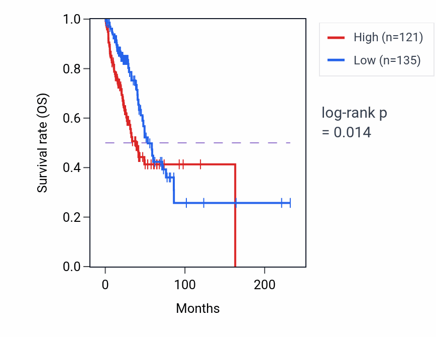 Kaplan&ndash;Meier survival curve for ST13P19 RNA expression in LUAD: high vs low expression groups.