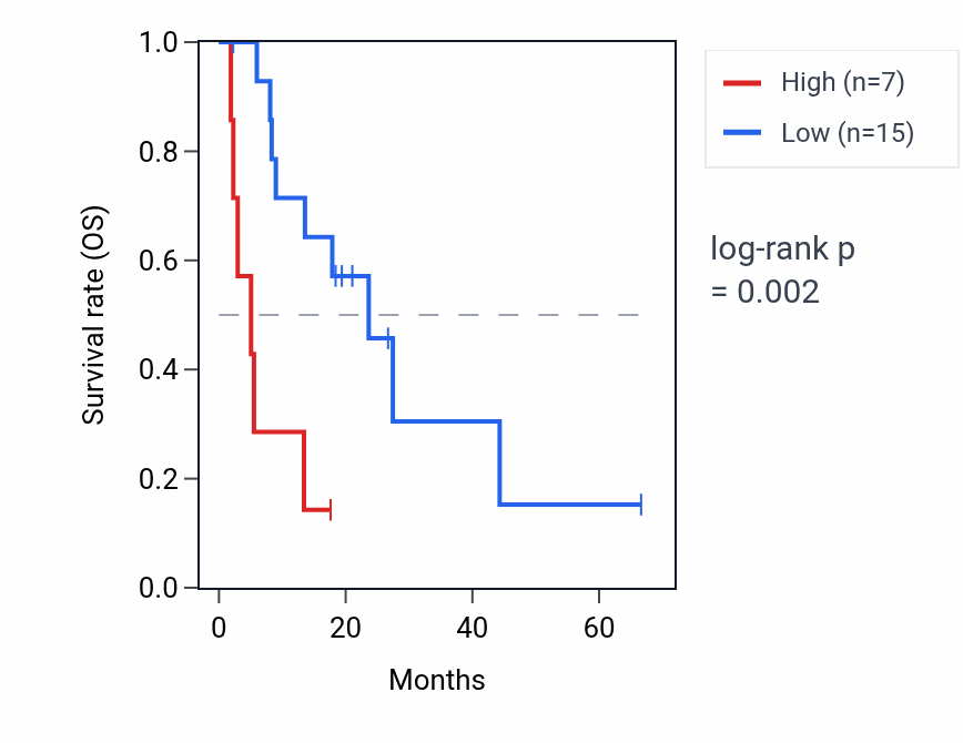 Kaplan&ndash;Meier survival curve for ST13P20 RNA expression in BLCA: high vs low expression groups.