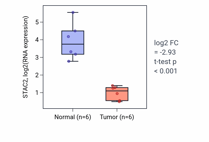 Tumor-vs-normal expression box plot for STAC2 RNA in KIRC.