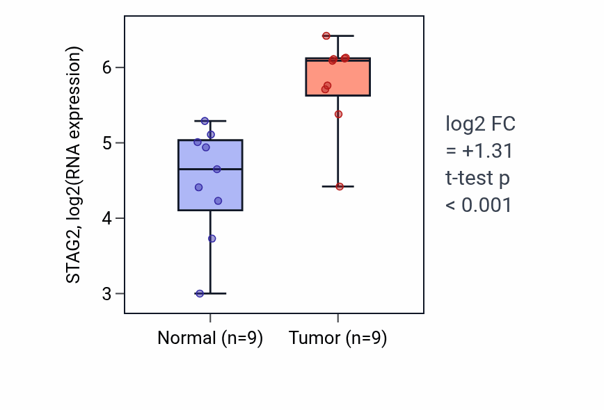 Tumor-vs-normal expression box plot for STAG2 RNA in HNSC.
