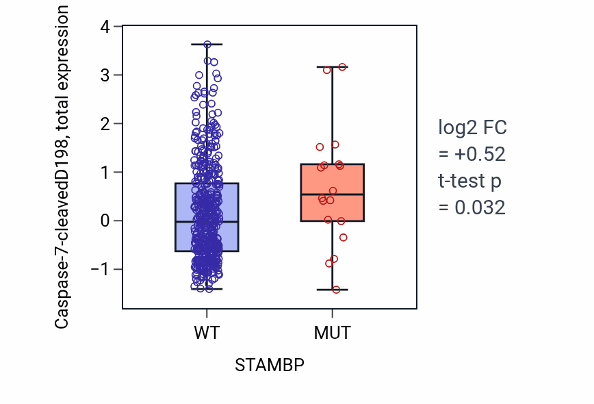 Box plot of Caspase-7-cleavedD198 in STAMBP-low vs STAMBP-high samples in UCEC.