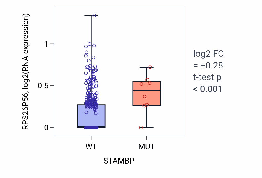 Box plot of RPS26P56 in STAMBP-low vs STAMBP-high samples in SKCM.