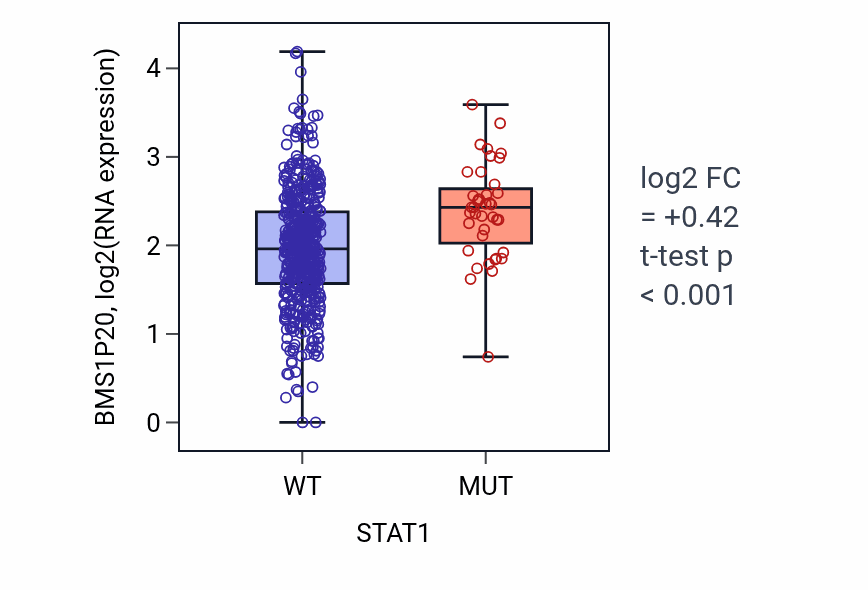 Box plot of BMS1P20 in STAT1-low vs STAT1-high samples in UCEC.