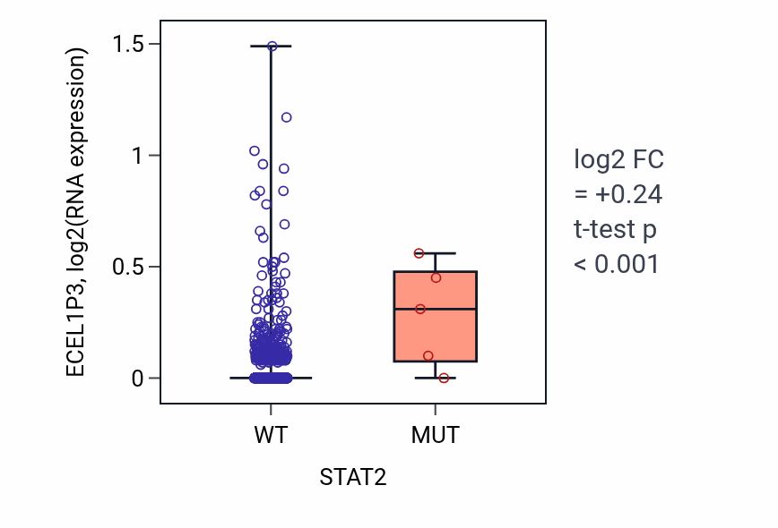 Box plot of ECEL1P3 in STAT2-low vs STAT2-high samples in BRCA.
