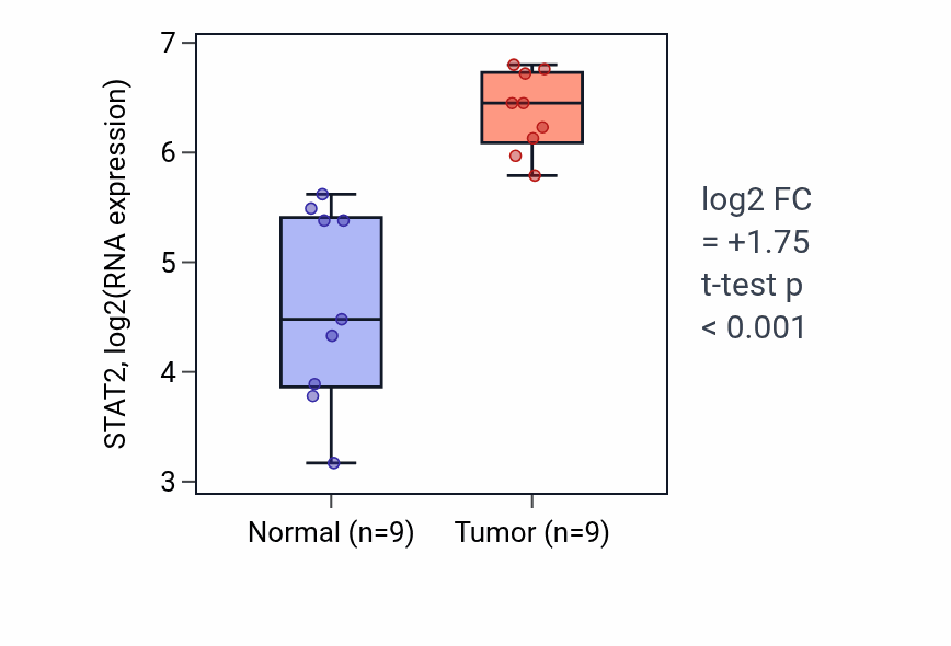 Tumor-vs-normal expression box plot for STAT2 RNA in HNSC.