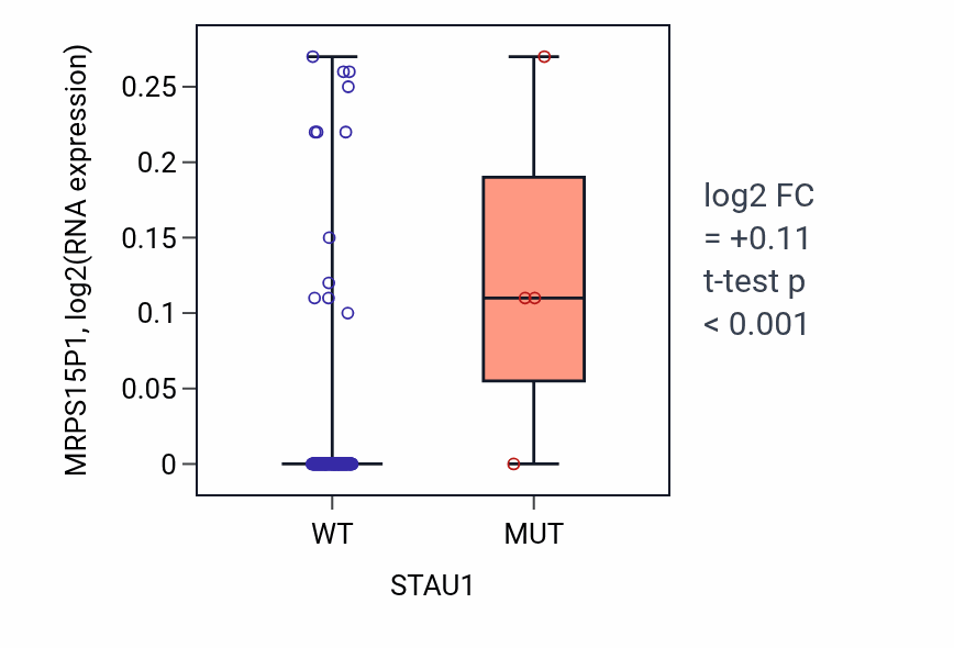 Box plot of MRPS15P1 in STAU1-low vs STAU1-high samples in READ.