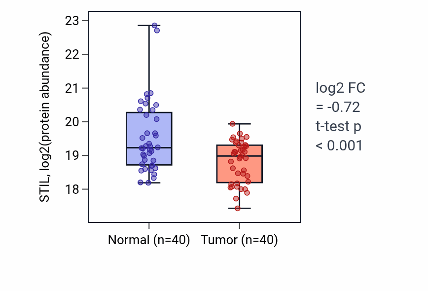 Tumor-vs-normal mass-spec protein box plot for STIL in LSCC.
