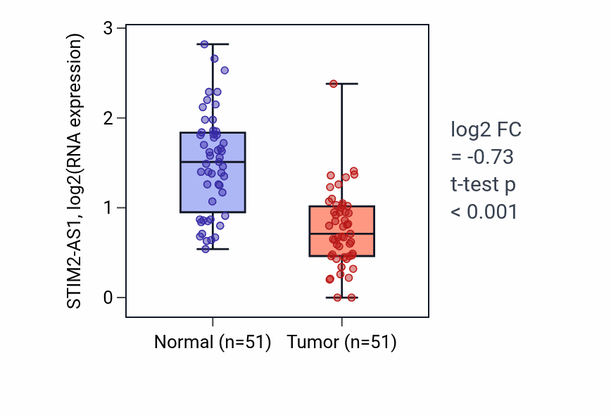 Tumor-vs-normal expression box plot for STIM2-AS1 in KIRC.