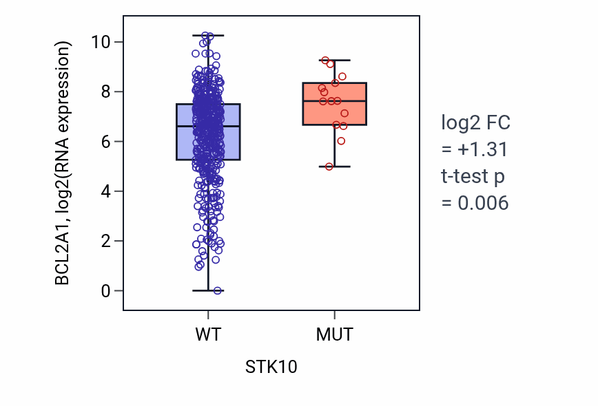 Box plot of BCL2A1 in STK10-low vs STK10-high samples in SKCM.