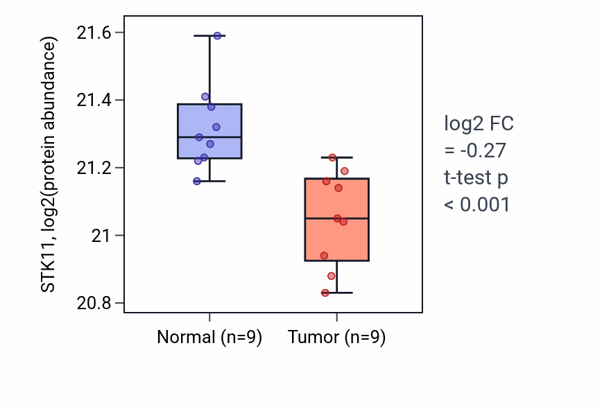 Tumor-vs-normal mass-spec protein box plot for STK11 in LSCC.