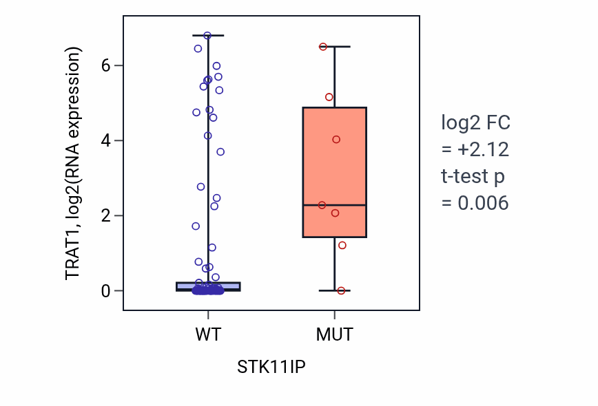 Box plot of TRAT1 in STK11IP-low vs STK11IP-high samples in BLOOD_Leukemia.
