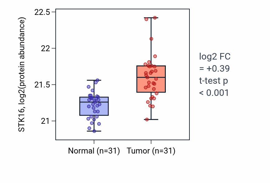 Tumor-vs-normal mass-spec protein box plot for STK16 in LUAD.