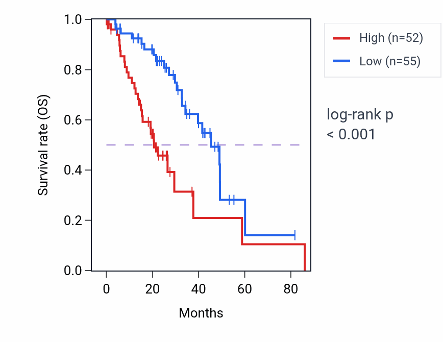 Kaplan&ndash;Meier survival curve for STK19B RNA expression in LUAD: high vs low expression groups.