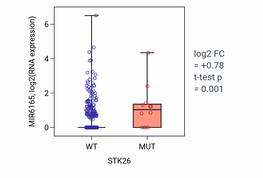 Box plot of MIR6165 in STK26-low vs STK26-high samples in SKCM.