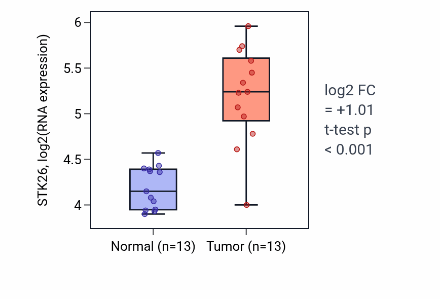 Tumor-vs-normal expression box plot for STK26 RNA in LUAD.