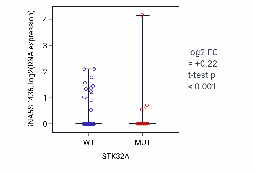 Box plot of RNA5SP436 in STK32A-low vs STK32A-high samples in UCEC.