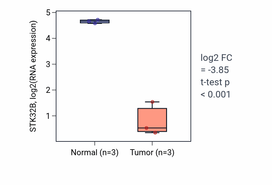Tumor-vs-normal expression box plot for STK32B RNA in KICH.