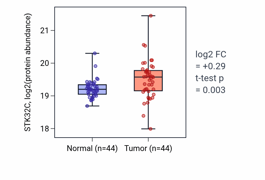 Tumor-vs-normal mass-spec protein box plot for STK32C in HNSC.