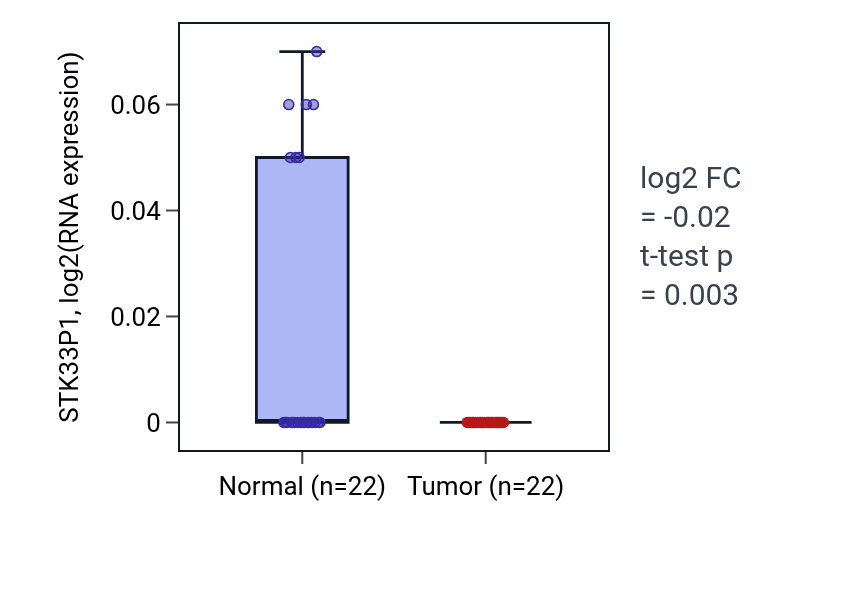 Tumor-vs-normal expression box plot for STK33P1 in KICH.